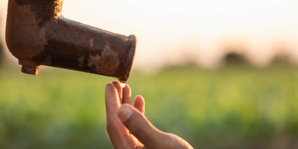hand of farmer waiting for water at spout